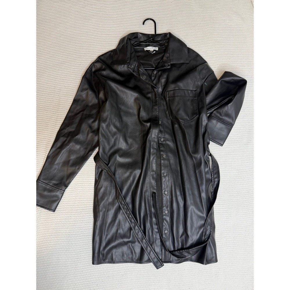 And Now This Faux Leather Shirt Dress/Jacket Black Long Sleeve Belted Mini XL